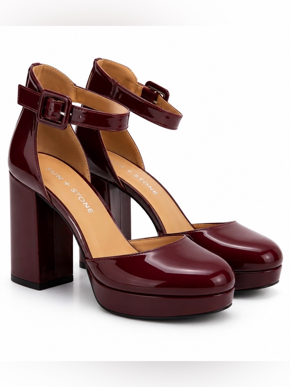 Sun + Stone Women’s Birdey Ankle Strap Block Heel Platform Pumps in Wine Red